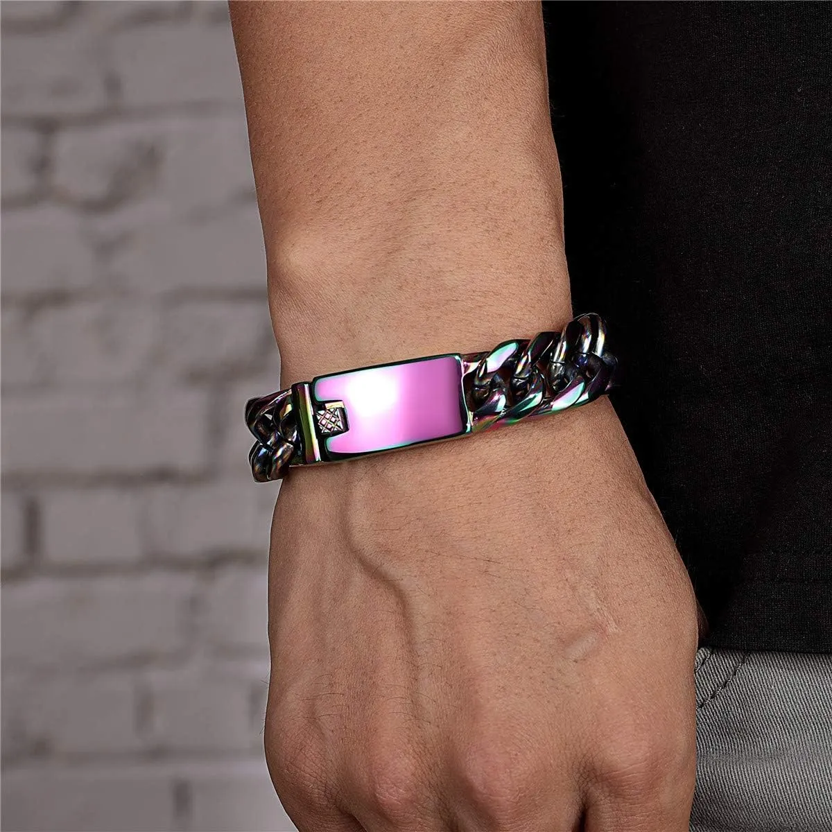 ROWIN&CO Stainless Steel Curb Cuban Link Bracelets for Men, Black/18K Gold/Silver/Rainbow, Nickel-free, Wristchain for Men, Hip hop Jewelry Thick Bracelet Chain, W: 16mm, L: 8"/8.5"/ 9.5"