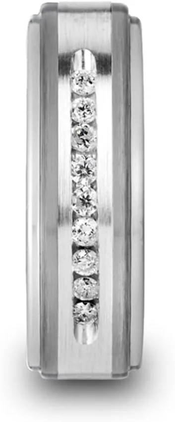 Roy Rose Jewelry Mens Tungsten Raised Center & Brushed Silver Inlay 9 White Diamonds Wedding Ring - Polished Comfort Fit - 8mm Wide - Style Name: Harper - Ring Size 6