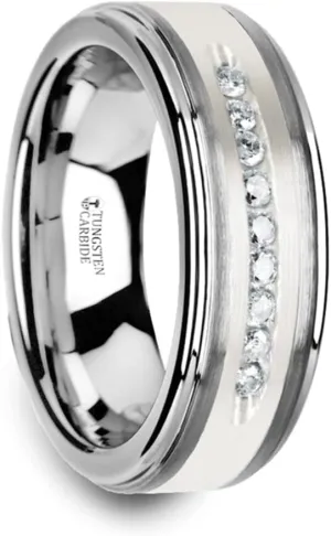 Roy Rose Jewelry Mens Tungsten Raised Center & Brushed Silver Inlay 9 White Diamonds Wedding Ring - Polished Comfort Fit - 8mm Wide - Style Name: Harper - Ring Size 6