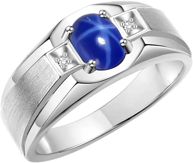 Rylos Men's Rings Classic Design 7X5MM Oval Gemstone & Sparkling Diamond Ring - Color Stone Birthstone Rings for Men, Sterling Silver Rings in Sizes 8-13.