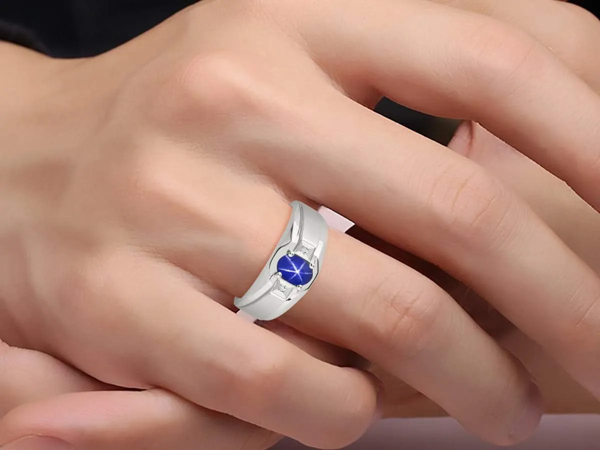 Rylos Men's Rings Classic Design 7X5MM Oval Gemstone & Sparkling Diamond Ring - Color Stone Birthstone Rings for Men, Sterling Silver Rings in Sizes 8-13.
