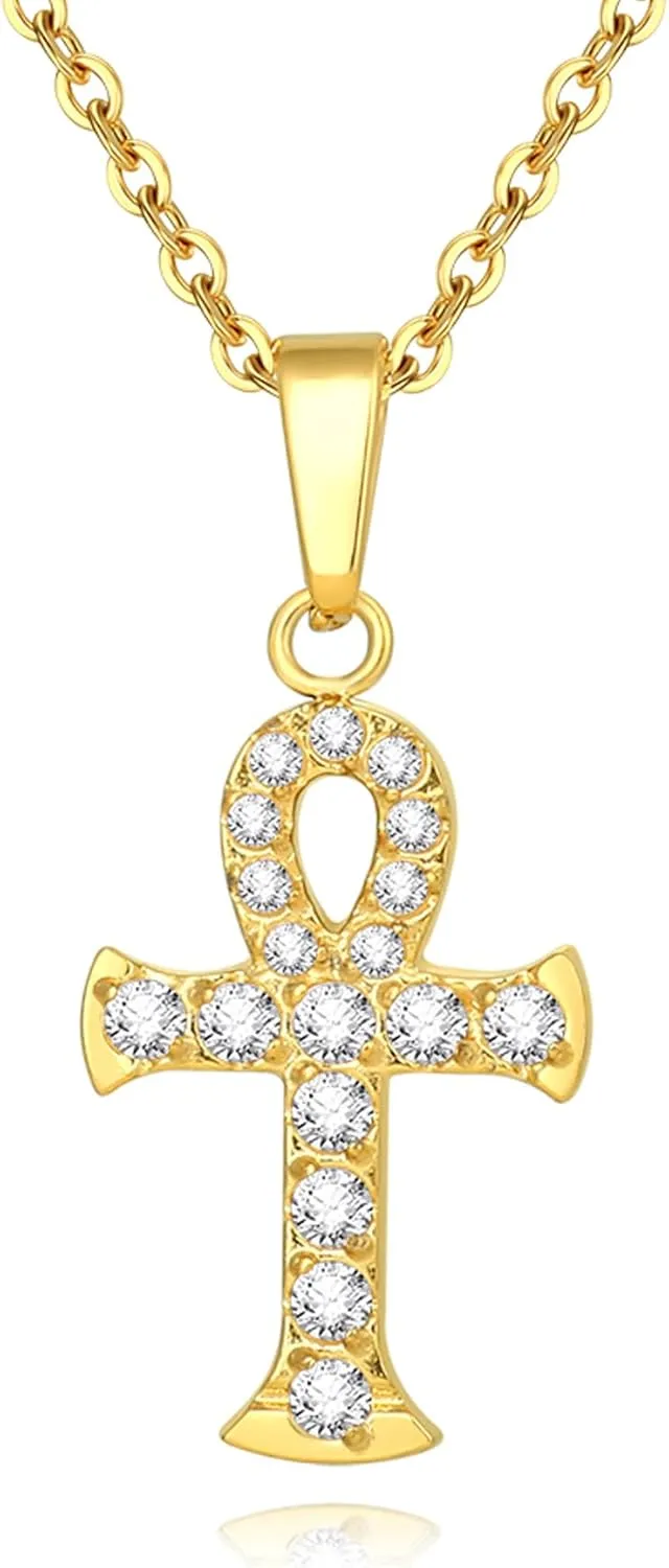 SANDOO Ankh Pendent Cross Necklace for Women - Dainty Ankh Necklace Gold Plated Brass with Rhinestone, Egyptian Religious Jewelry, Birthday Mother's Day Gift