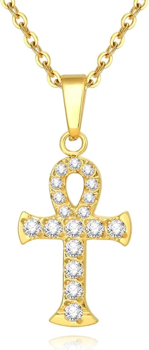 SANDOO Ankh Pendent Cross Necklace for Women - Dainty Ankh Necklace Gold Plated Brass with Rhinestone, Egyptian Religious Jewelry, Birthday Mother's Day Gift