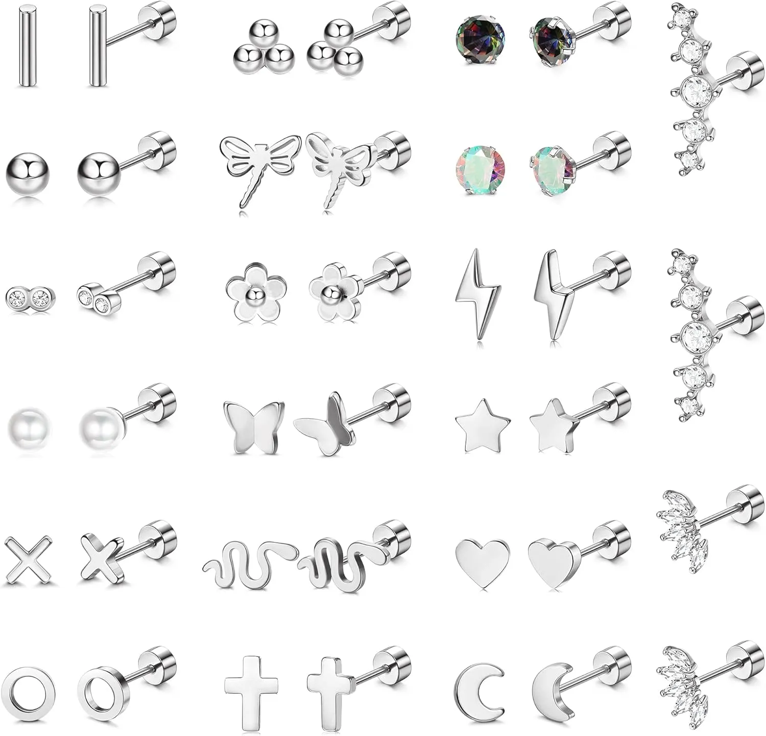 Sanfenly 20 Pairs Stud Earrings for Women Men 20G Stainless Steel Tiny Cartlidge Earrings Stud Small Snake Star Moon Ball Butterfly Flower Heart Screw Flat Back Stud Earrings Piercing Earrings Set