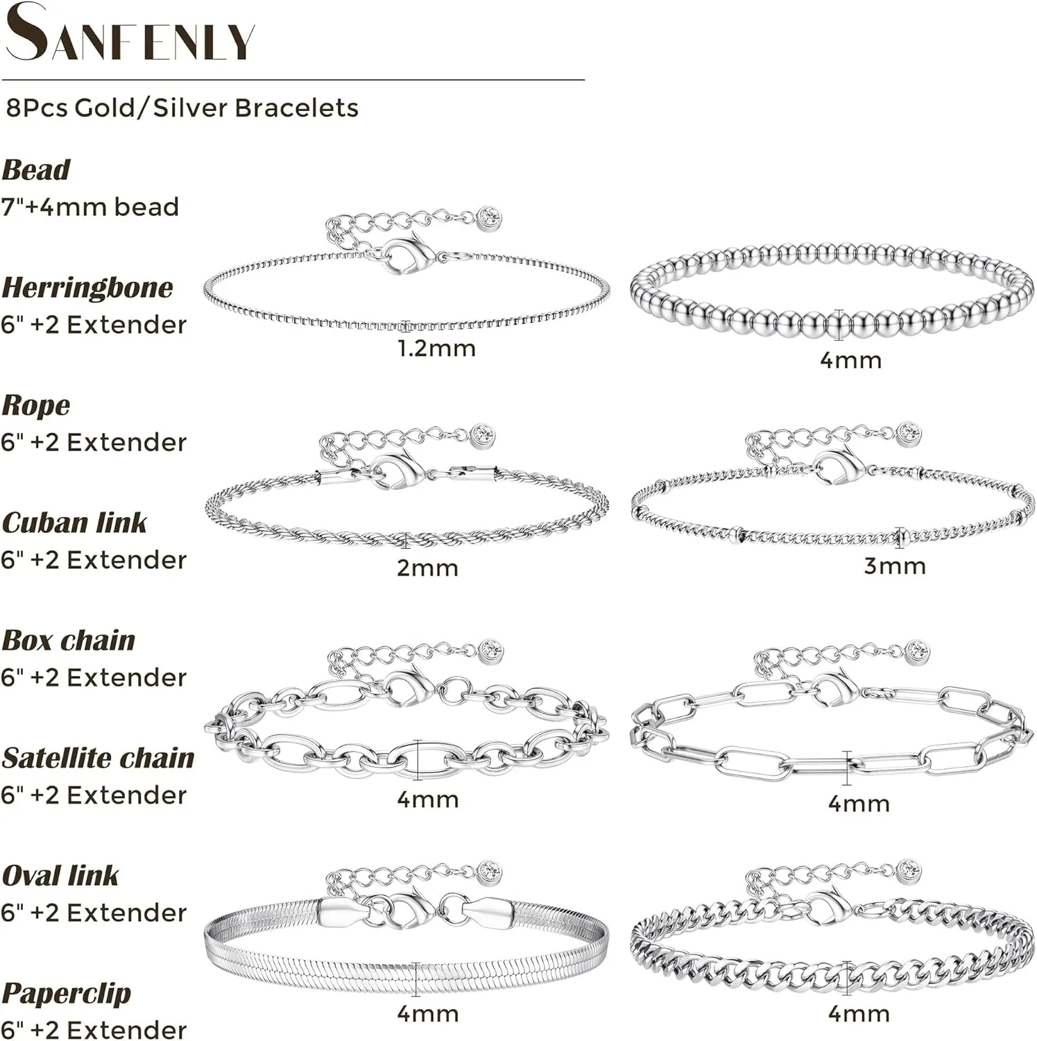 Sanfenly 8Pcs Gold Bracelets For Women, 14K Real Gold Plated Dainty Trendy Stackable Stacking Bracelets Chain Charm Link Paperclip Beaded Bracelet Stainless Steel Stretch Layered Women's Bracelet Sets