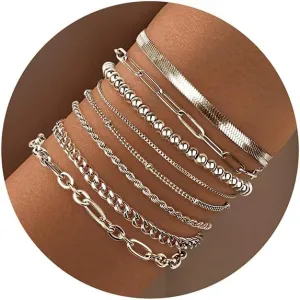 Sanfenly 8Pcs Gold Bracelets For Women, 14K Real Gold Plated Dainty Trendy Stackable Stacking Bracelets Chain Charm Link Paperclip Beaded Bracelet Stainless Steel Stretch Layered Women's Bracelet Sets