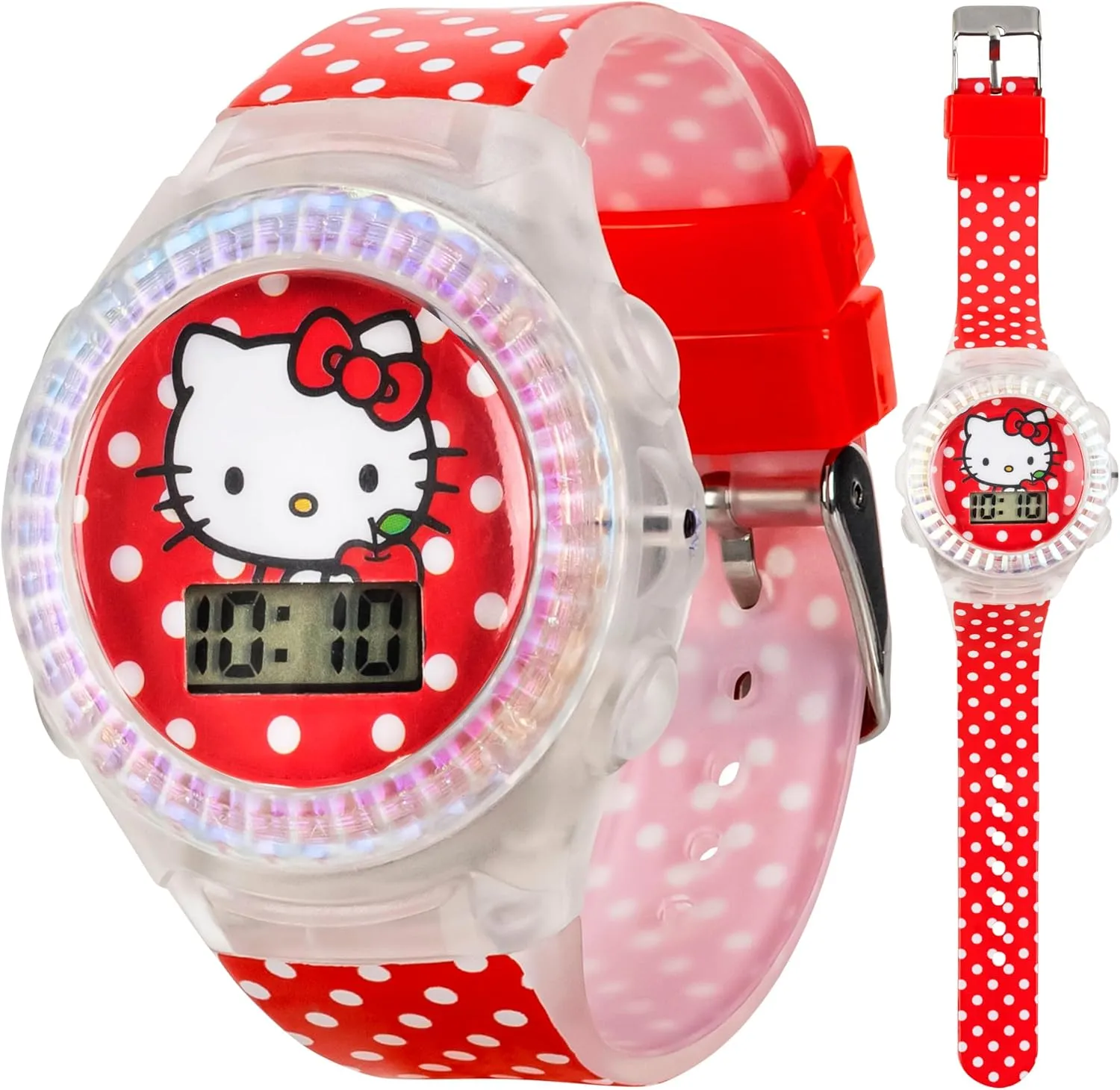 Sanrio Hello Kitty Kids LCD Watch  Red Polka Dot Strap, Iridescent Bezel, Digital Display, Cute Printed Dial, Adjustable Fit, Collectible Tin Box, Perfect for Girls  Fits Wrists 5.5 to 8