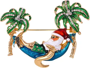 Santa Claus On Vacation Brooch, Christmas Brooches for Women Rhinestone Palm Tree Santa Claus Pin Cute Funny Tropical Themed Santa Brooch Christmas Jewelry Gift for Women Girls