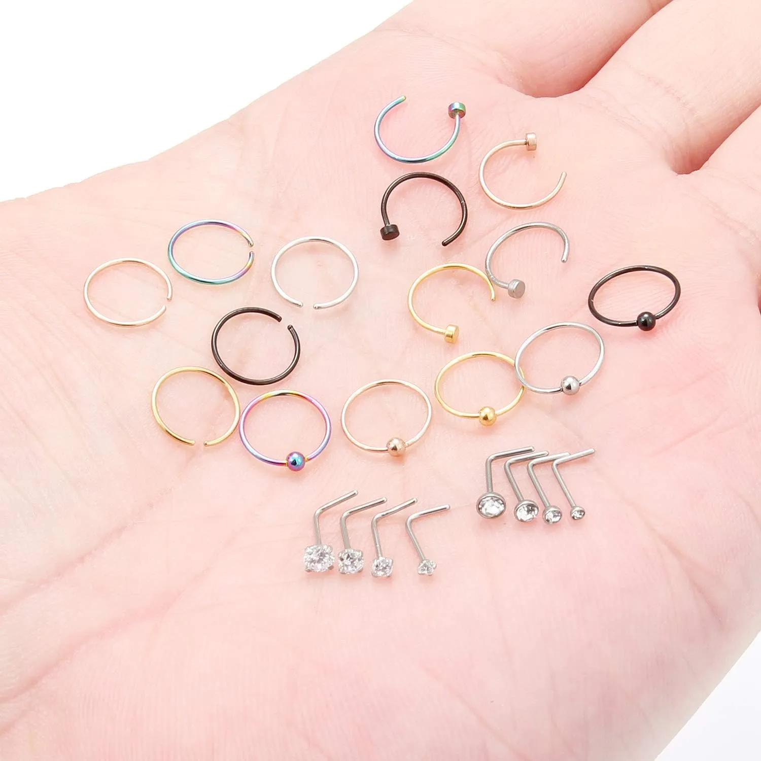 SCERRING 23PCS 22 Gauge Nose Rings Hoop Stainless Steel Bone L Shaped Screw Clear CZ Nose Studs Cartilage Daith Tragus Ear Piercing Ring Hoop Body Jewelry Set