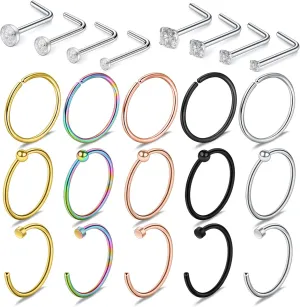 SCERRING 23PCS 22 Gauge Nose Rings Hoop Stainless Steel Bone L Shaped Screw Clear CZ Nose Studs Cartilage Daith Tragus Ear Piercing Ring Hoop Body Jewelry Set