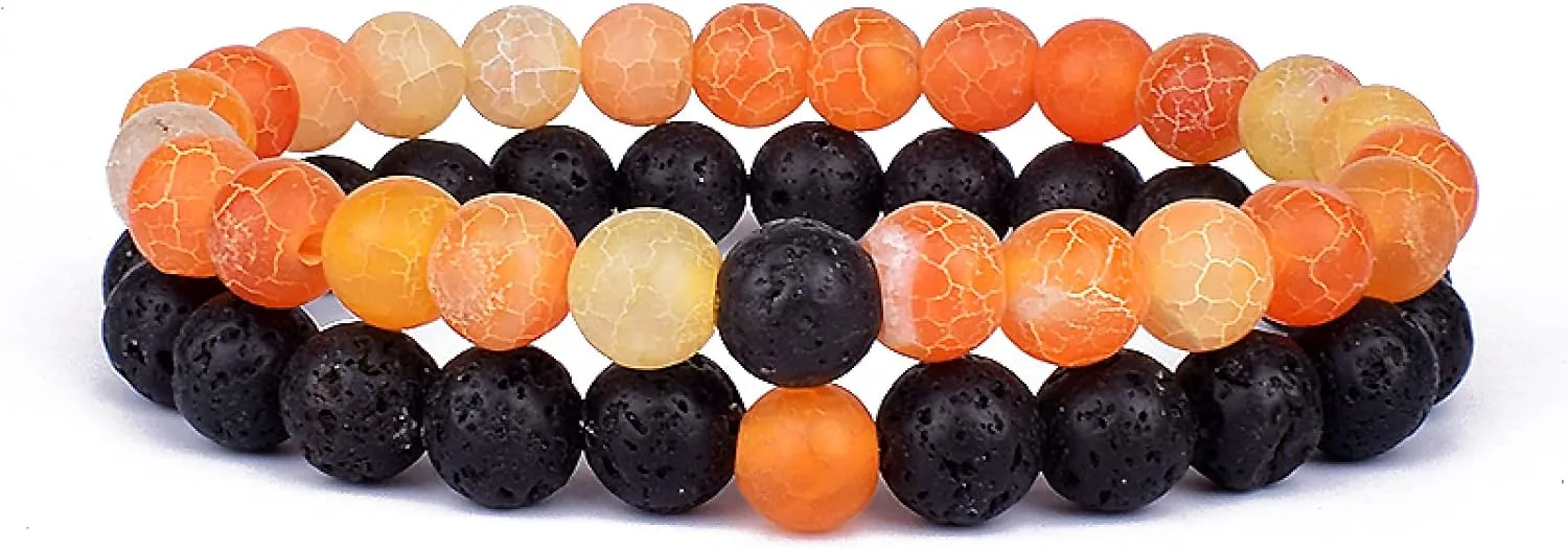 Set Bracelet Couples Distance Black White Natural Lava Stone Tiger Eye Beaded Yoga Bracelets for Men Women Elastic Rope Jewelry,8mm Black Orange