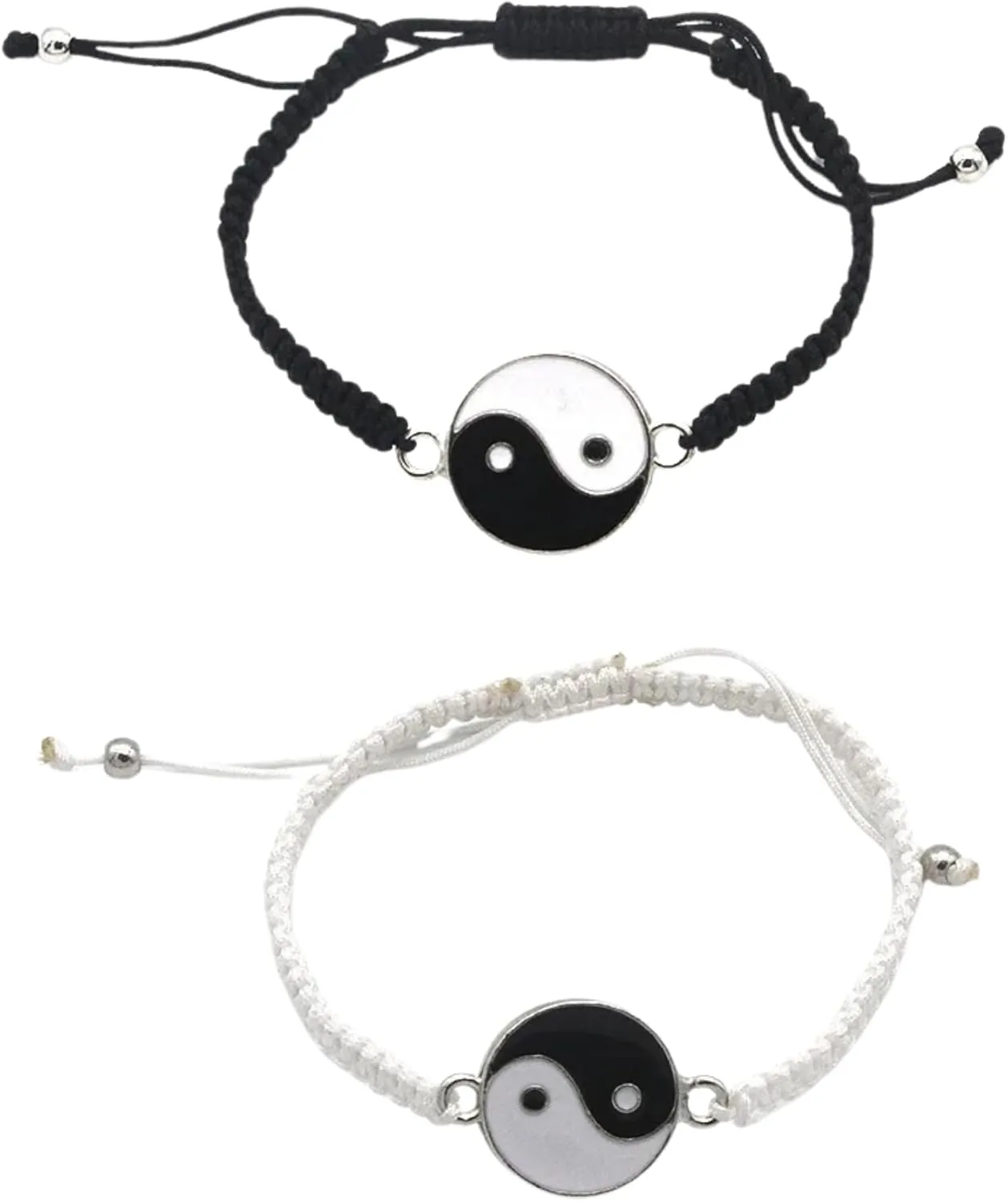 Set of 2 Adjustable Black & White Cord Bracelets  Trendy Braided Wristbands for Couples and Friendship