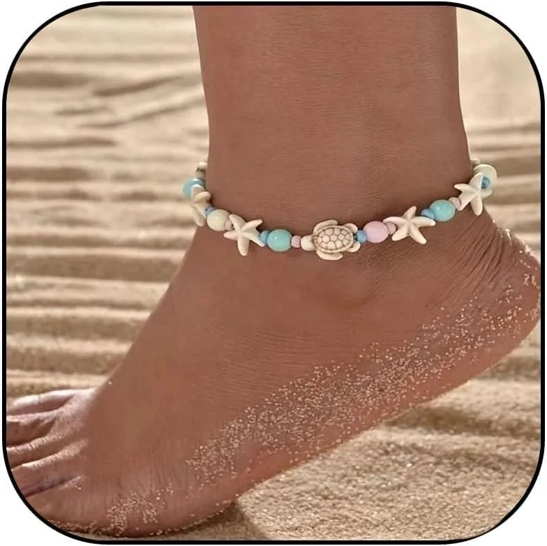 Shell Anklet for Women Starfish Sea Turtle Beach Ankle Bracelets BoHo Handmade Summer Beach Bracelets Jewelry