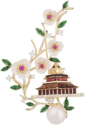 Shell Plum Blossom Flower Brooch Pins for Women Vintage Enamel Architecture Chinese Style Broach Pin