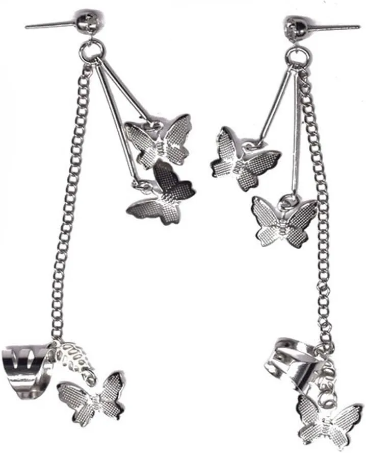 Silver Butterfly Cuff Earrings Chain Tassel Earrings for Women,Butterfly Ear Cuff Drop Dangle Earrings Non-Piercing Cartilage Clip on Earrings Ear Clip