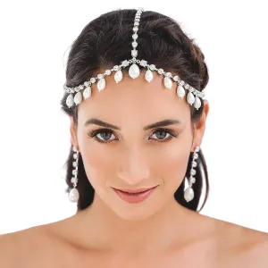 Silver Head Chain Pearls Pendant Headpiece Sparkly Rhinestone Boho Headpiece Shiny Tassel Hair Chain Bridal Party Costume Hair Accessories for Women and Girls