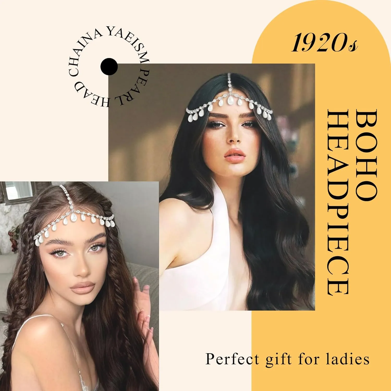 Silver Head Chain Pearls Pendant Headpiece Sparkly Rhinestone Boho Headpiece Shiny Tassel Hair Chain Bridal Party Costume Hair Accessories for Women and Girls