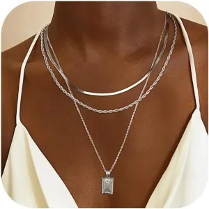 Silver Layered Necklaces for Women Dainty Stackable Sterling Silver Plated Choker Herringbone Rope Chain Necklace Stack Layering Simple Trendy Fashion Pendant Necklaces Set Jewelry Gifts