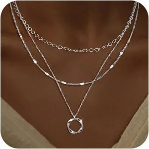 Silver Layered Necklaces for Women, Stackable Dainty Silver Choker Necklaces for Women Trendy Layering Circle Bar Pendant Chain Necklace Fashion Jewelry Set Gifts for Women Teen Girls