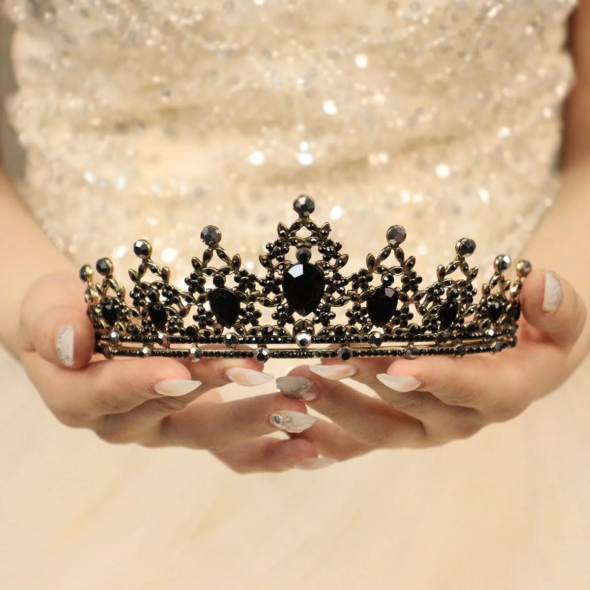 Silver Wedding Crystal Tiara Crown for Women Sparkling Rhinestone Bridal Headbands Princess Quinceanera Headpieces for Birthday Prom Pageant Party (Black gold-black, Standard)