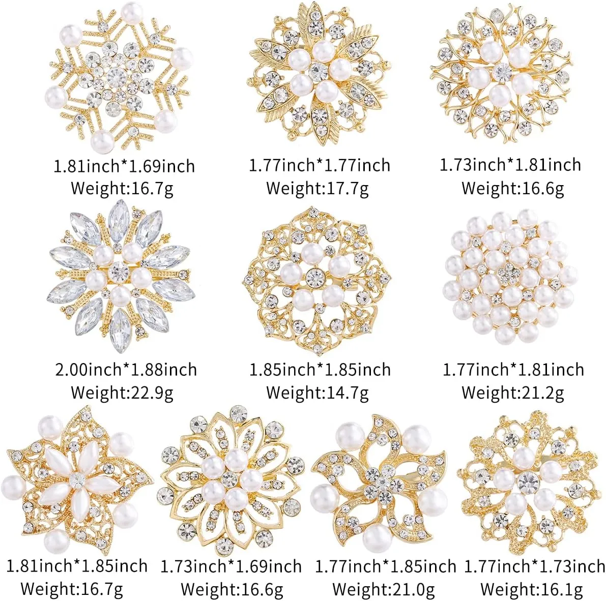 Silver/Gold/Rose Gold Plated Assorted Crystal Rhinestones Brooch Pins Set for DIY Wedding Bouquets Kit