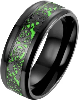 Simple Mens Rings, Stainless Steel Ring Silver/Black/Gold Retro Pattern Glow in the Dark Jewelry Ring Engagement