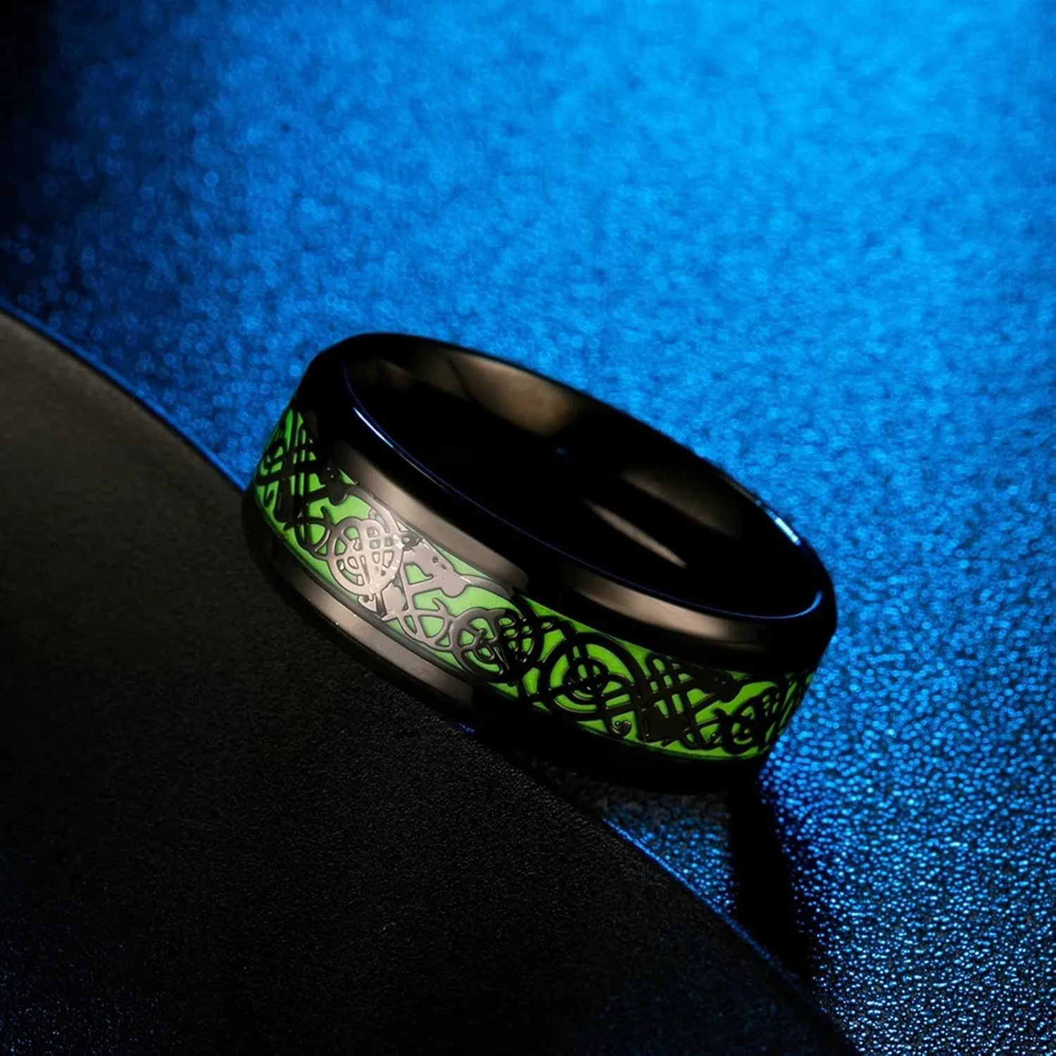 Simple Mens Rings, Stainless Steel Ring Silver/Black/Gold Retro Pattern Glow in the Dark Jewelry Ring Engagement