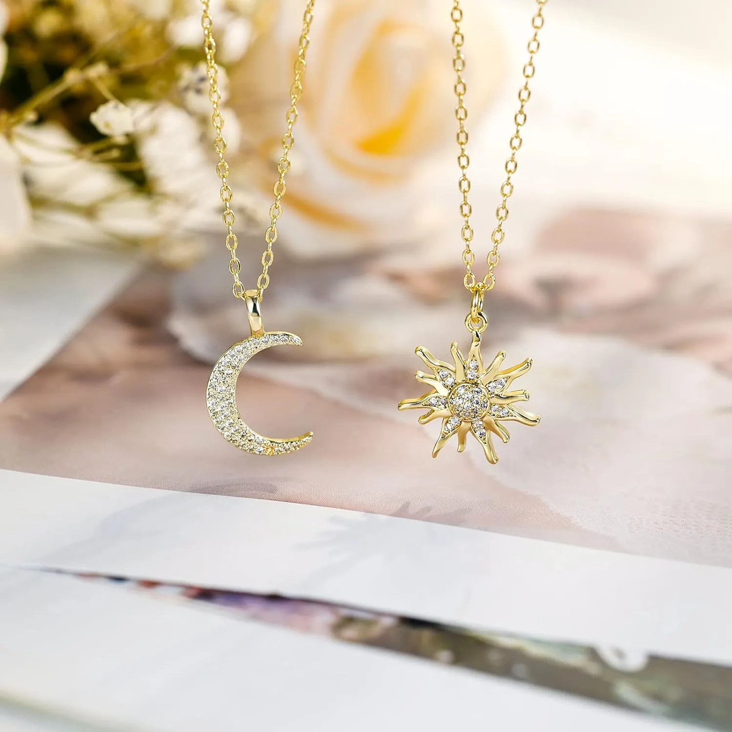 Sister Necklace Best Friends Gifts Card Mother and Daughter Necklace Sister BFF Friendship Pendant Sun Moon Heart Circle 14K Yellow Gold Plated Necklace Couple Jewelry Gift