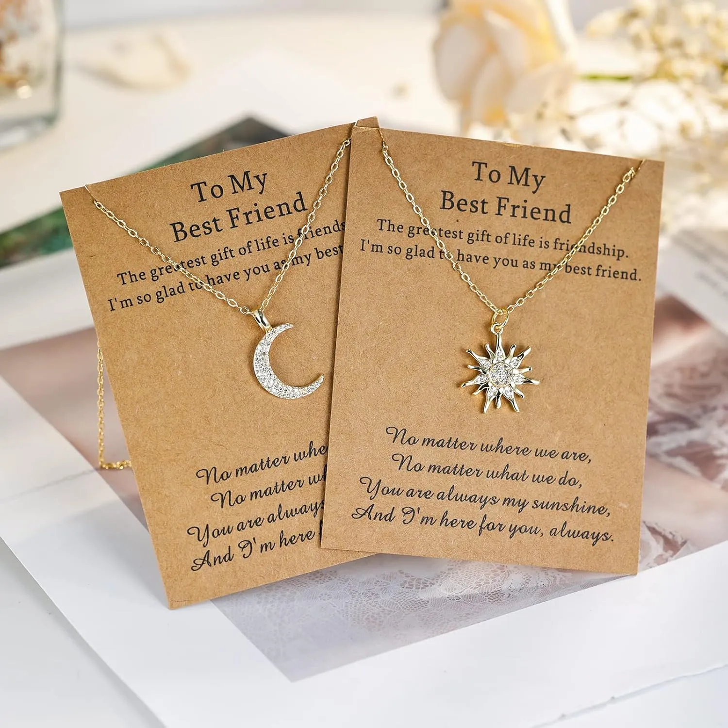 Sister Necklace Best Friends Gifts Card Mother and Daughter Necklace Sister BFF Friendship Pendant Sun Moon Heart Circle 14K Yellow Gold Plated Necklace Couple Jewelry Gift