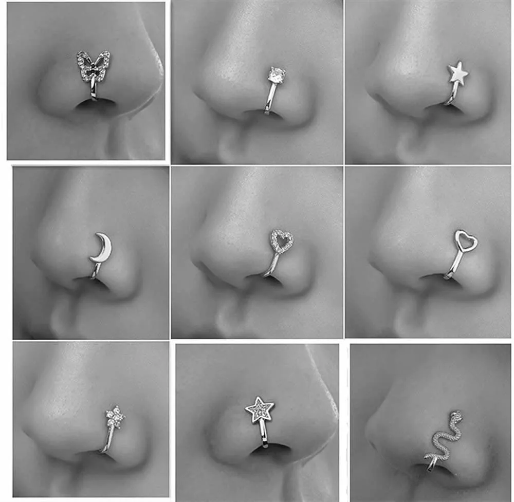 Sither 9 pieces Nose Rings Cuff for Women and Men Faux Nose Rings Clip Non Piercing Fake Nose Rings Pack Body Piercing Jewelry for Gift (silver)