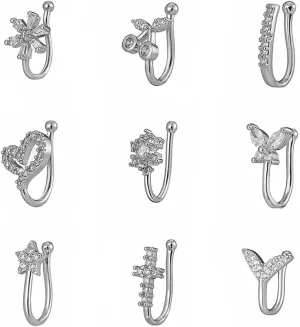 Sither 9 pieces Nose Rings Cuff Set for Women and Men Faux Nose Rings Clip Non Piercing Fake Nose Rings Pack Body Piercing Halloween Jewelry for Gift (silver)