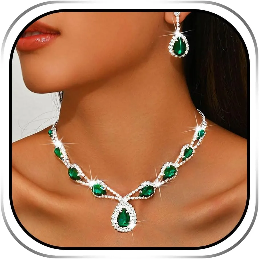Sixexey Bridal Jewelry Set for Wedding Silver Rhinestone Necklace Set Prom Costume Neck Jewelry for Women