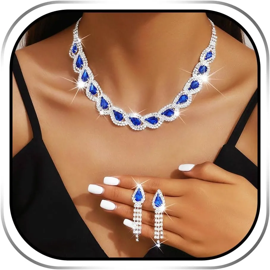 Sixexey Rhinestone Crystal Necklace Earrings Silver Sparkly Jewelry Set Bridal Wedding Necklace Party Prom Necklace Jewelry for Women