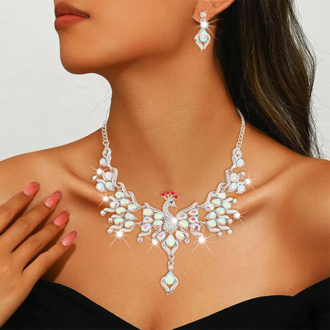 Sixexey Rhinestone Peacock Jewelry Set Silver Bridal Wedding Jewelry Sets Crystal Jewelry Prom Costume Necklace Earrings for Women