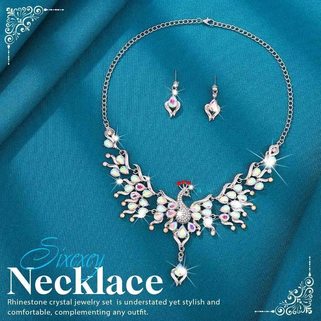 Sixexey Rhinestone Peacock Jewelry Set Silver Bridal Wedding Jewelry Sets Crystal Jewelry Prom Costume Necklace Earrings for Women