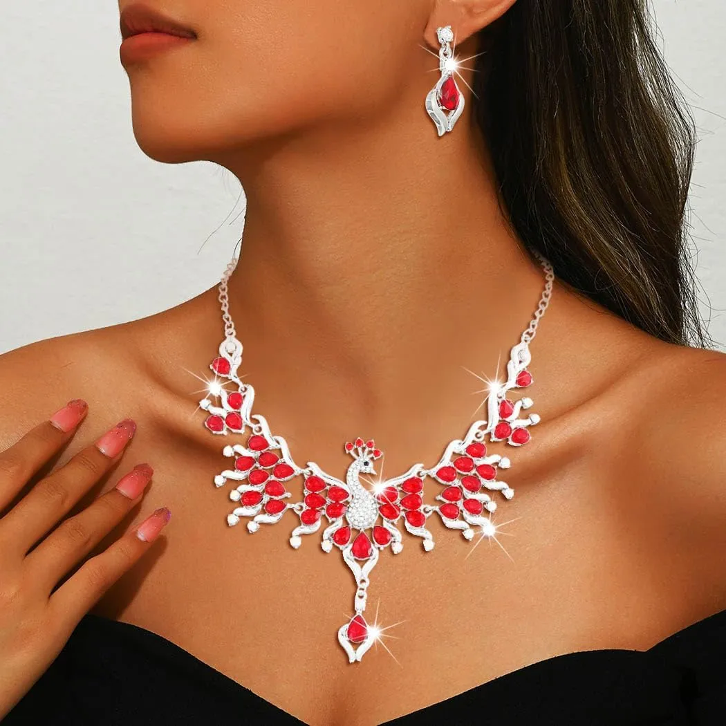 Sixexey Rhinestone Peacock Jewelry Set Silver Bridal Wedding Jewelry Sets Crystal Jewelry Prom Costume Necklace Earrings for Women