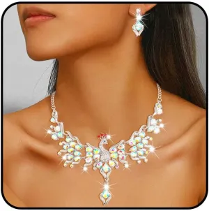 Sixexey Rhinestone Peacock Jewelry Set Silver Bridal Wedding Jewelry Sets Crystal Jewelry Prom Costume Necklace Earrings for Women