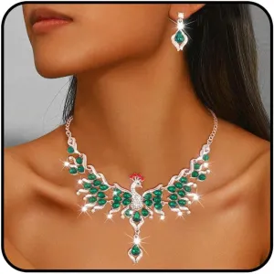 Sixexey Rhinestone Peacock Jewelry Set Silver Bridal Wedding Jewelry Sets Crystal Jewelry Prom Costume Necklace Earrings for Women