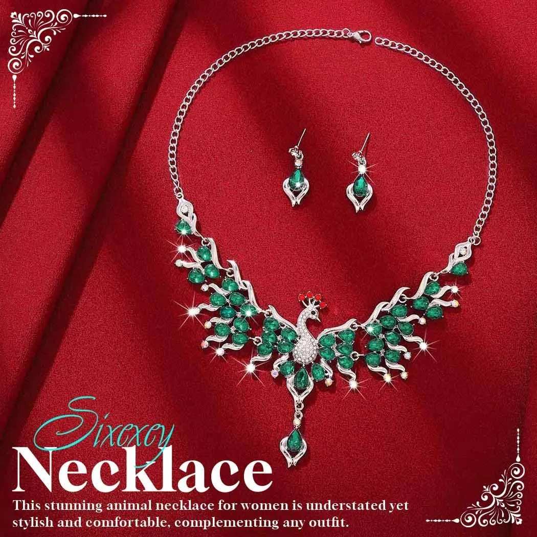 Sixexey Rhinestone Peacock Jewelry Set Silver Bridal Wedding Jewelry Sets Crystal Jewelry Prom Costume Necklace Earrings for Women