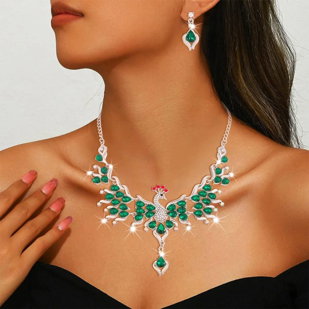 Sixexey Rhinestone Peacock Jewelry Set Silver Bridal Wedding Jewelry Sets Crystal Jewelry Prom Costume Necklace Earrings for Women