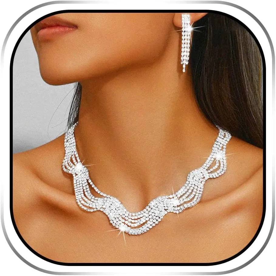 Sixexey Silver Bridal Wedding Jewelry Set Sparkly Rhinestone Necklace and Earrings Wedding Prom Earrings Jewelry for Women