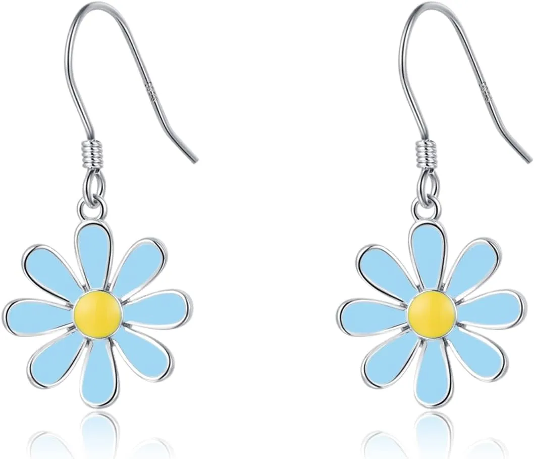 SLUYNZ 925 Sterling Silver Daisy Flower Dangle Earrings for Women Teens Blue Flower Drop Earrings Summer Spring Earrings