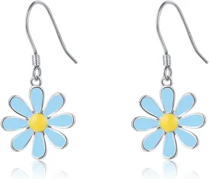 SLUYNZ 925 Sterling Silver Daisy Flower Dangle Earrings for Women Teens Blue Flower Drop Earrings Summer Spring Earrings