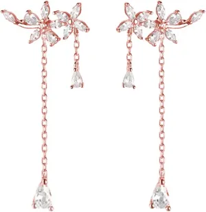 SLUYNZ 925 Sterling Silver Flower Dangle Earrings for Women CZ Wedding Crawler Earrings Wrap Elegant Bridal(B-Rose Gold)