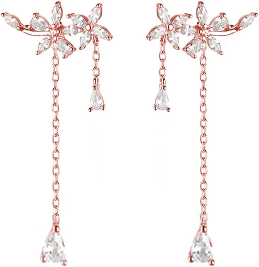 SLUYNZ 925 Sterling Silver Flower Dangle Earrings for Women CZ Wedding Crawler Earrings Wrap Elegant Bridal(B-Rose Gold)