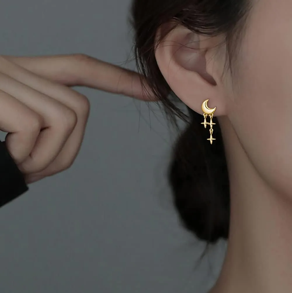 SLUYNZ 925 Sterling Silver Tiny Moon Star Earrings Studs for Women Teens Small Moon Studs Earrings Star Drop