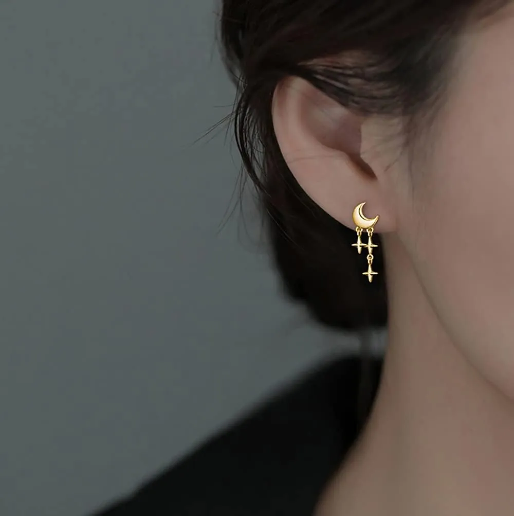 SLUYNZ 925 Sterling Silver Tiny Moon Star Earrings Studs for Women Teens Small Moon Studs Earrings Star Drop