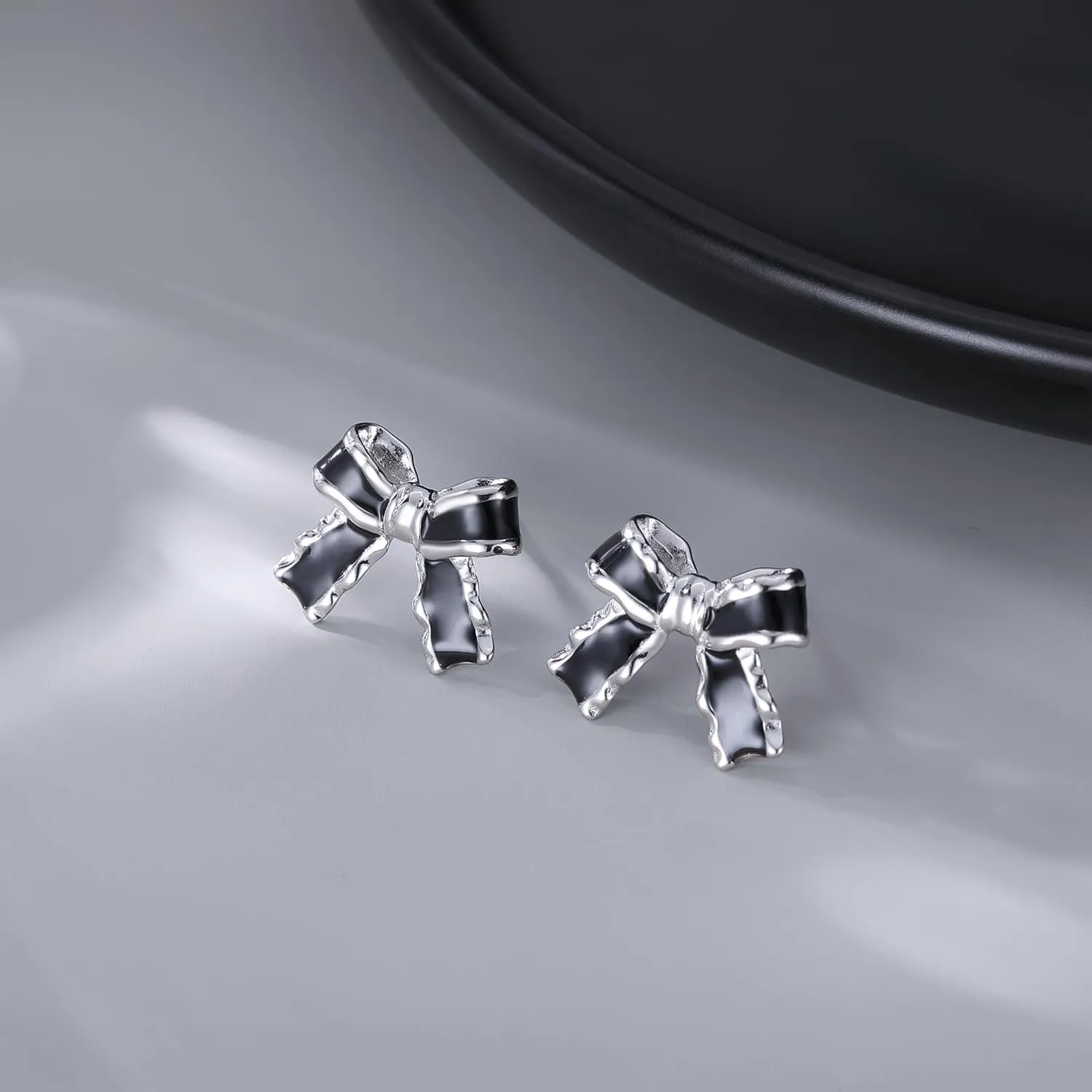 SLUYNZ Solid 925 Sterling Silver Black Bow Earrings Studs for Women Teens Bowknot Stud Earrings Ribbon Bow Studs