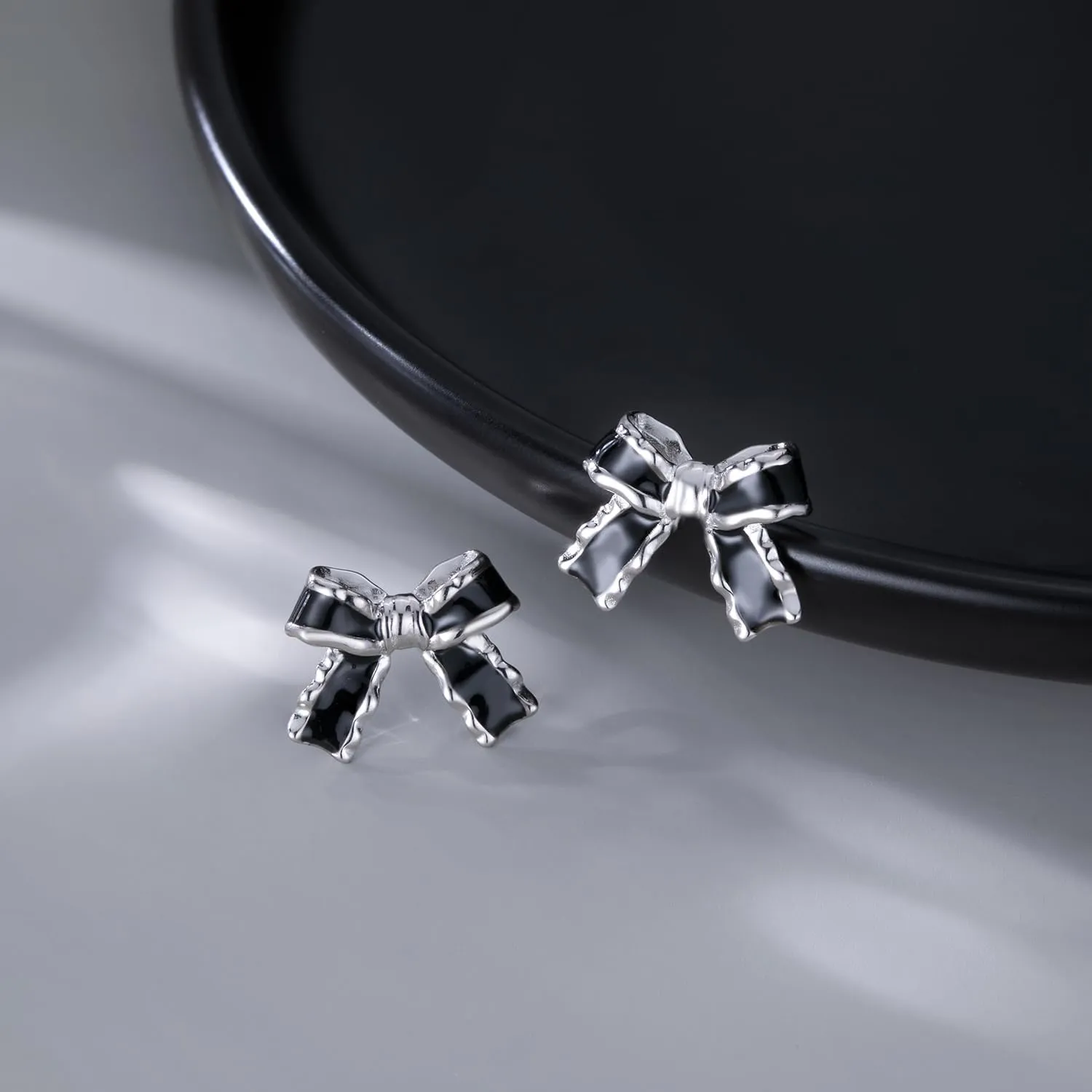 SLUYNZ Solid 925 Sterling Silver Black Bow Earrings Studs for Women Teens Bowknot Stud Earrings Ribbon Bow Studs