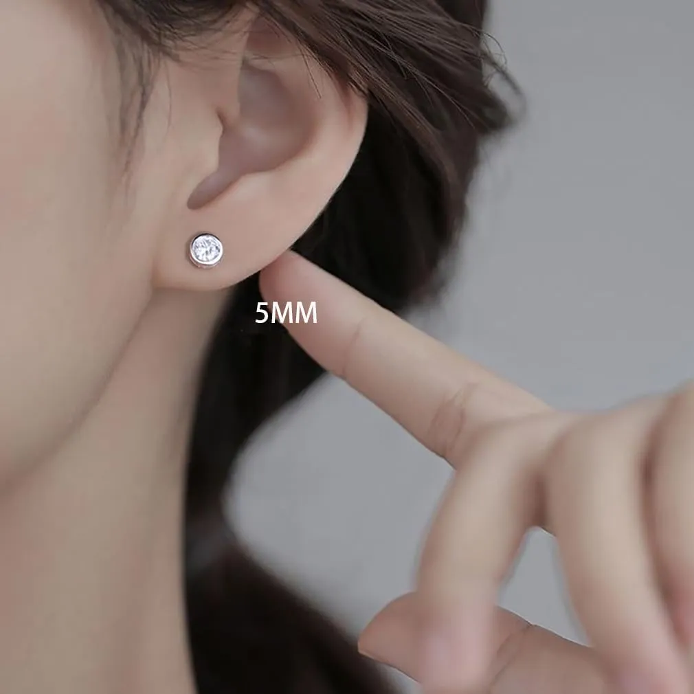 SLUYNZ Sterling Silver Bezel CZ Earrings Stud for Women Teen Girls Round Simulated Diamond Stud Earrings Round CZ Stud Earrings 5MM/6MM/7MM